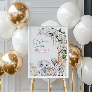 Póster Safari Animal Tropical Flor Rosa Baby Shower