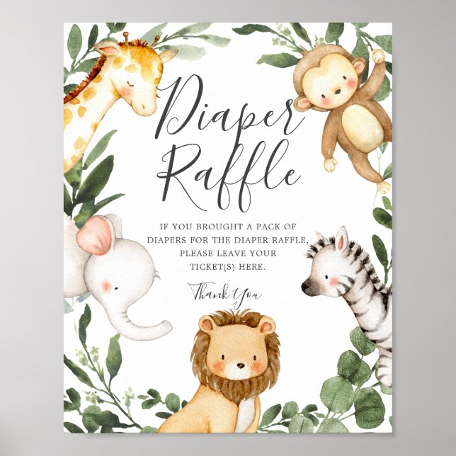Póster Safari Animals Baby Shower Diaper Raffle Rótulo (Frente)