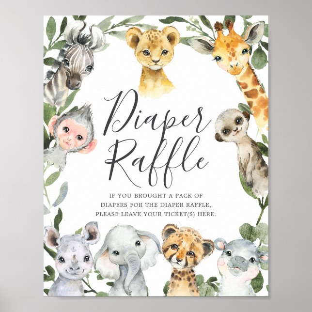 Póster Safari Animals Baby Shower Diaper Raffle Rótulo (Frente)