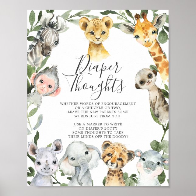 Póster Safari Animals Baby Shower Diaper Thoughts Rótulo (Frente)