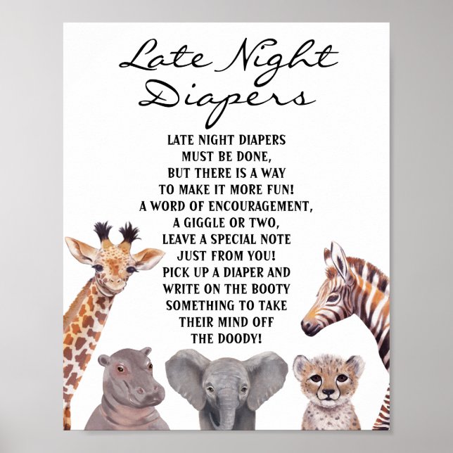 Póster Safari Animals Late Night Diapers Baby Shower (Frente)