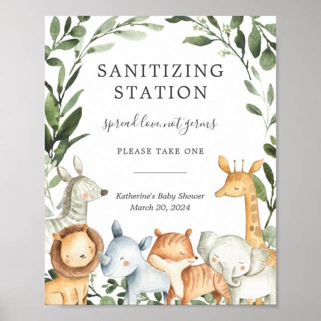 Póster Safari Animals Rótulo de Baby Shower Sanitization  (Frente)