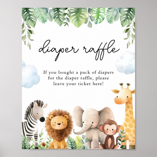 Póster Safari Baby Shower Diaper Raffle Game Sign (Frente)