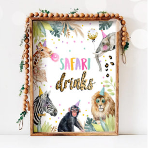 Póster Safari bebe animales Fiestas Safari Rótulo de cump
