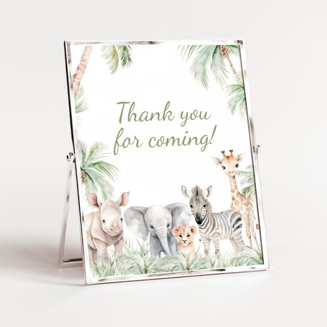 Póster Safari de la selva salvaje Un animal gracias por v (Jungle Safari Animals Wild One Baby Shower Thank you for Coming Sign)