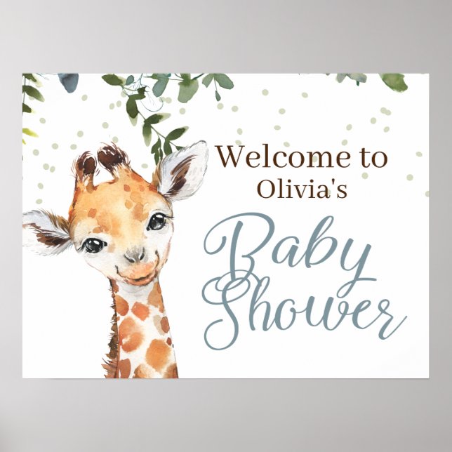 Póster Safari Giraffe Blue Gray Bienvenida Baby Shower (Frente)