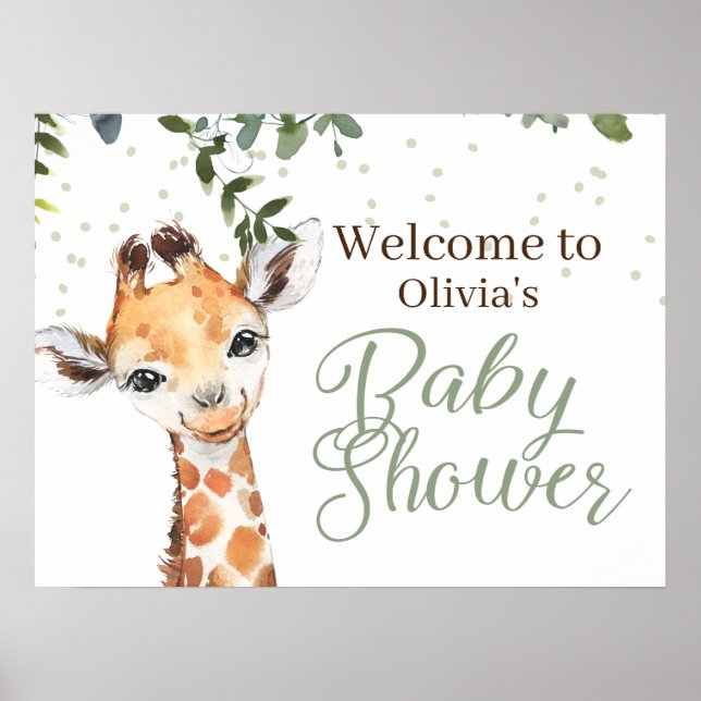 Póster Safari Giraffe Sage Green Bienvenida Baby Shower (Frente)