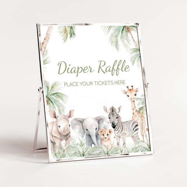 Póster Safari Jungla Salvaje Uno Animales Diaper Raffle (Jungle Safari Animals Wild One Baby Shower Diaper Raffle Sign)