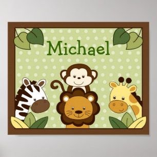 Póster Safari Jungle Animal Nursery Wall Art Name Print
