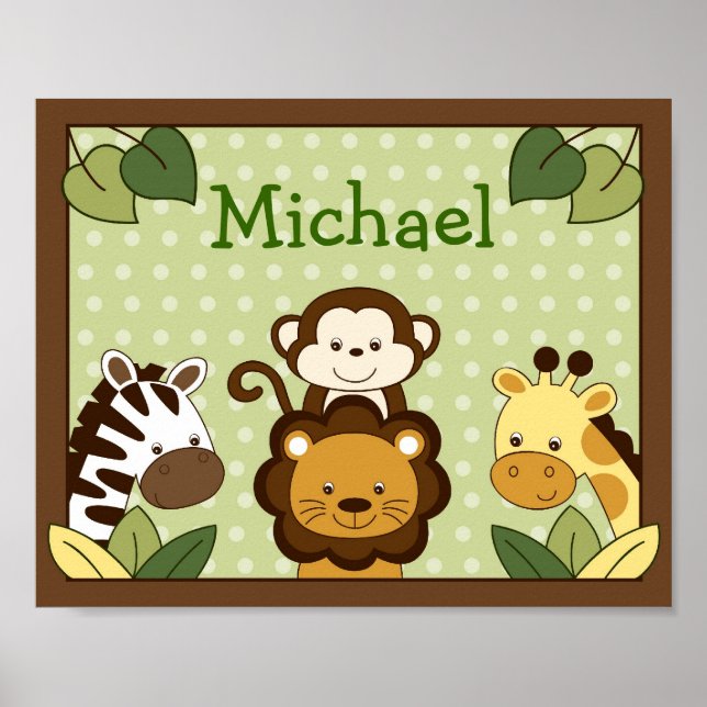 Póster Safari Jungle Animal Nursery Wall Art Name Print (Frente)