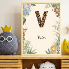 Póster Safari Jungle Nombre Personalizado Monograma V Gua