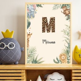 Póster Safari Jungle Personalized Name Monogram M Nursery