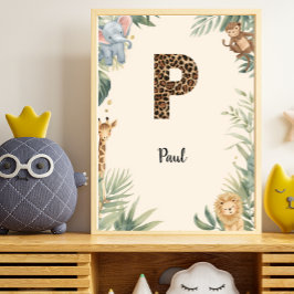 Póster Safari Jungle Personalized Name Monogram P Nursery
