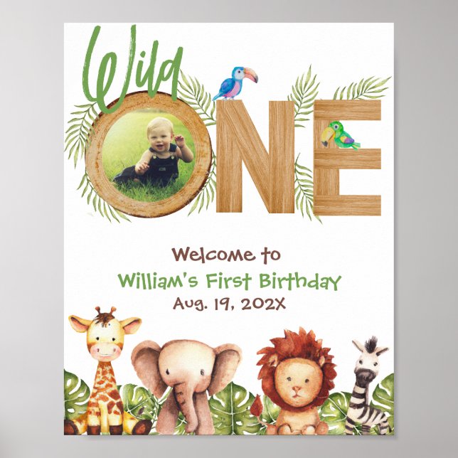 Póster Safari Wild One Photo Wood First Birthday Welcome  (Frente)