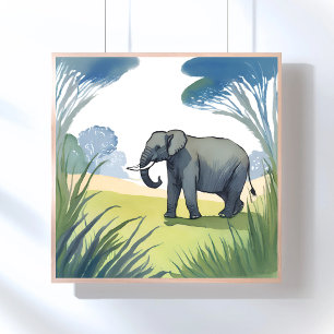 Póster Safaris de Elefantes   Hermosa Naturaleza Acuarela
