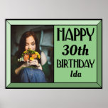 Póster Sage Beveled Art Deco Birthday Photo<br><div class="desc">Decorate your party with this Sage Beveled Art Deco Birthday Photo Poster. Customize with the age,  name and favorite photo of the birthday person. It features a modern art deco font with a stylish beveled border.</div>