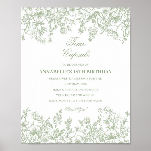 Póster Sage Chinoiserie Floral Time Capsule Baby Birthday (Frente)