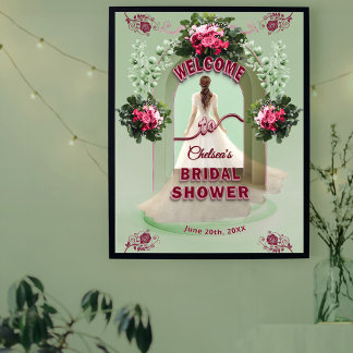 Póster Sage Eucalyptus Burgundy Floral Bridal Welcome 