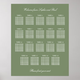 Póster Sage Green 19 Table Wedding Seating Chart Poster