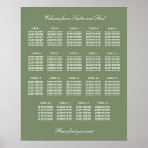 Póster Sage Green 19 Table Wedding Seating Chart Poster