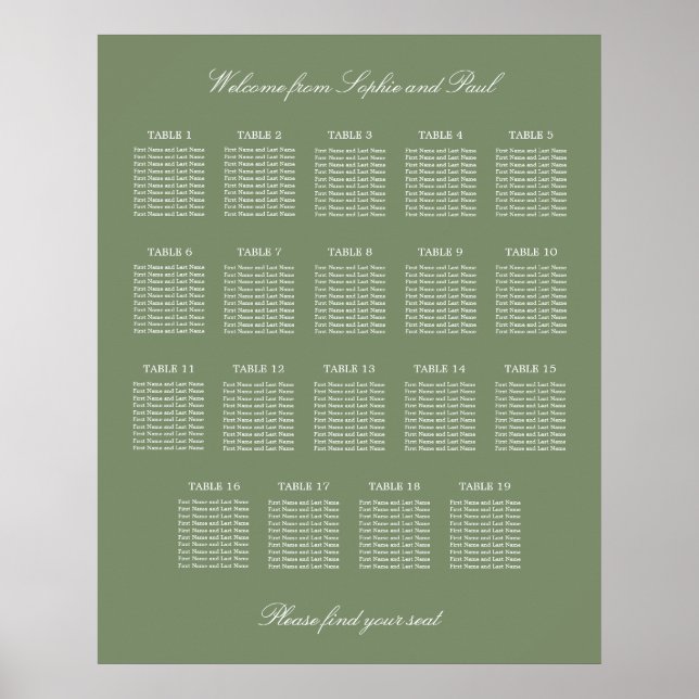 Póster Sage Green 19 Table Wedding Seating Chart Poster (Frente)