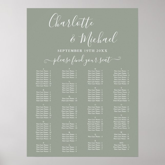 Póster Sage Green Alphabetical Wedding Seating Chart (Frente)
