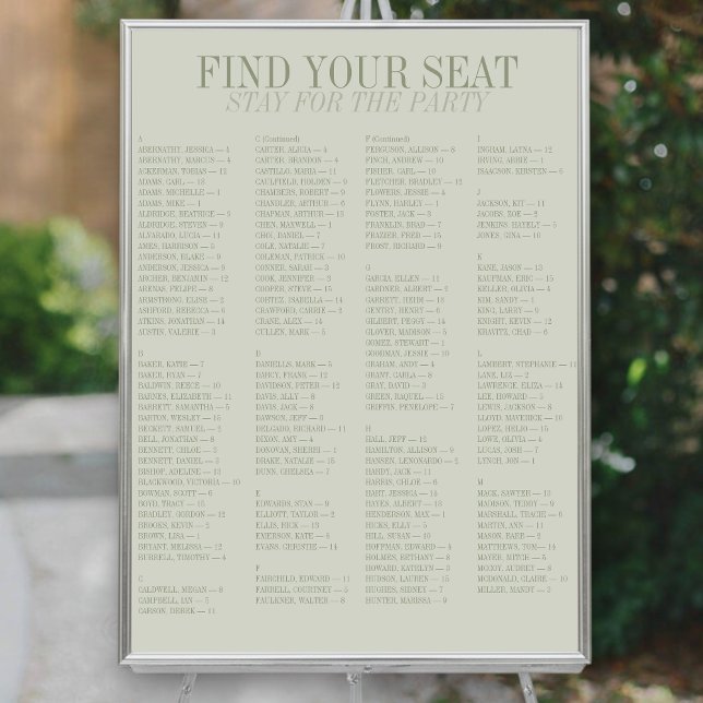 Póster Sage Green Alphabetical Wedding Seating Chart (Sage Green Alphabetical Wedding Seating Chart
)
