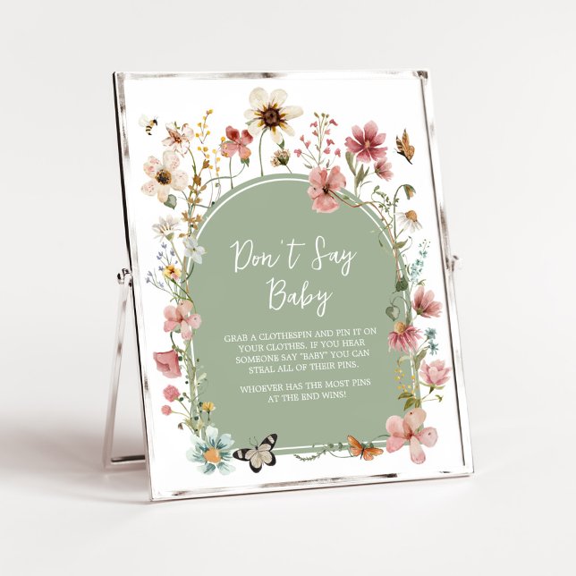 Póster Sage Green Baby Bloom Baby Shower no dice bebé (Gender Neutral Wildflower Baby Shower Don't Say Baby Sign)