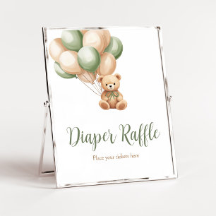 Póster Sage Green Bear Balloon Baby Shower Diaper Raffle