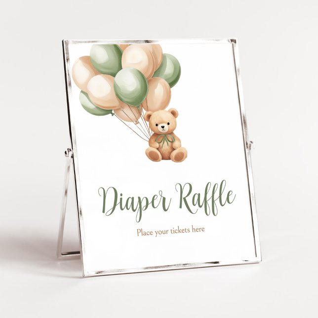 Póster Sage Green Bear Balloon Baby Shower Diaper Raffle (Green Boho Bear Baby Shower Diaper Raffle Sign)