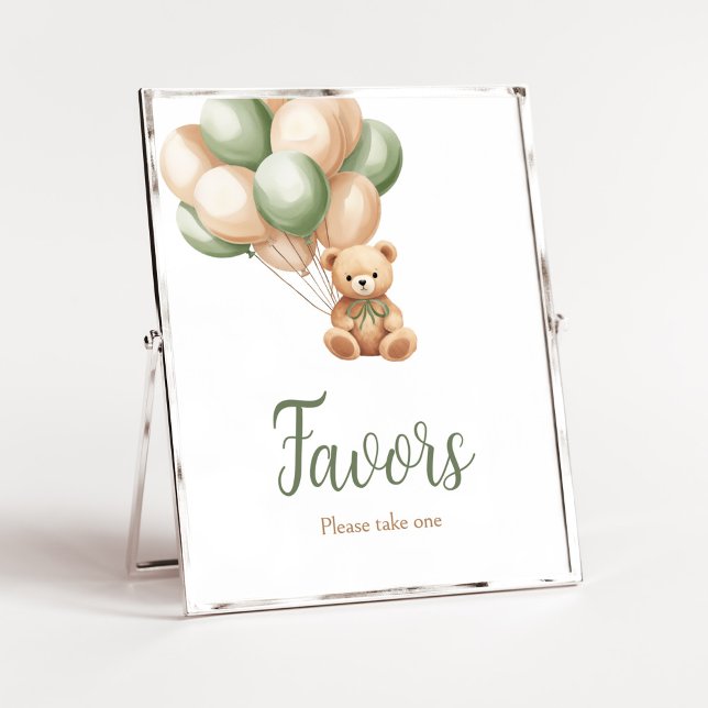 Póster Sage Green Bear Balloon Baby Shower Favorece (Green Boho Bear Baby Shower Favors Sign)