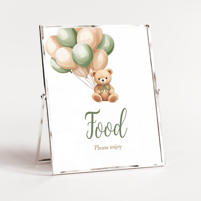 Póster Sage Green Bear Balloon Baby Shower Food (Green Boho Bear Baby Shower Food Sign)