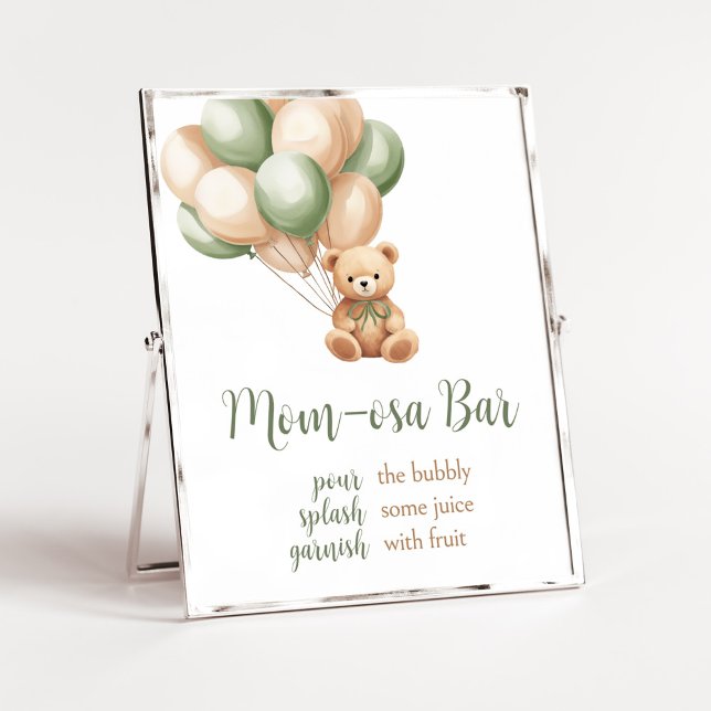 Póster Sage Green Bear Balloon Baby Shower Mom Osa Bar (Green Boho Bear Baby Shower Mom Osa Bar Sign)