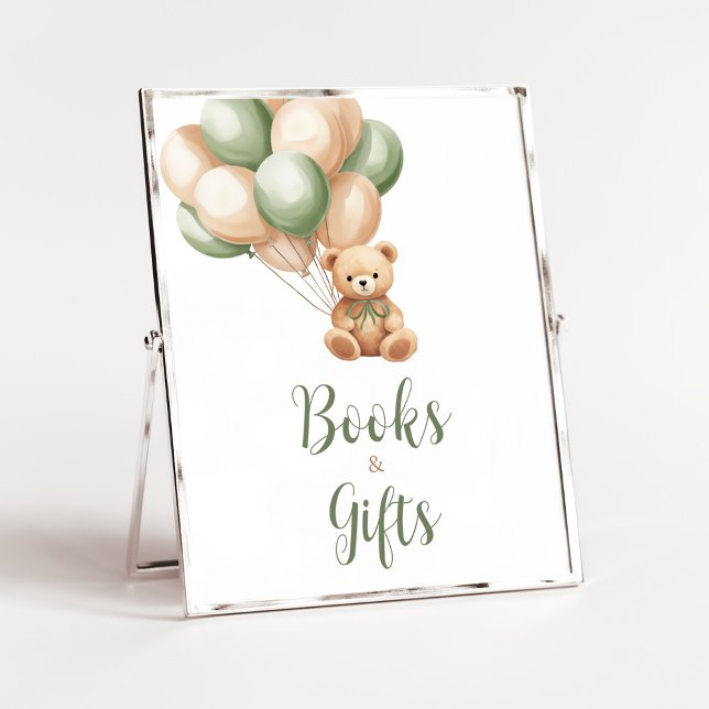 Póster Sage Green Bear Balloon Boons and Gifts (Green Boho Bear Baby Shower Books and Gifts Sign)