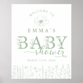 Póster Sage Green Floral Baby Shower Welcome Sign