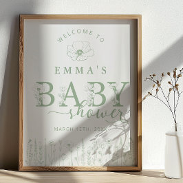 Póster Sage Green Floral Baby Shower Welcome Sign