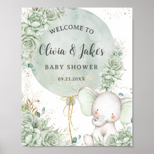 Póster Sage Green Floral Elephant Neutrant Baby Shower