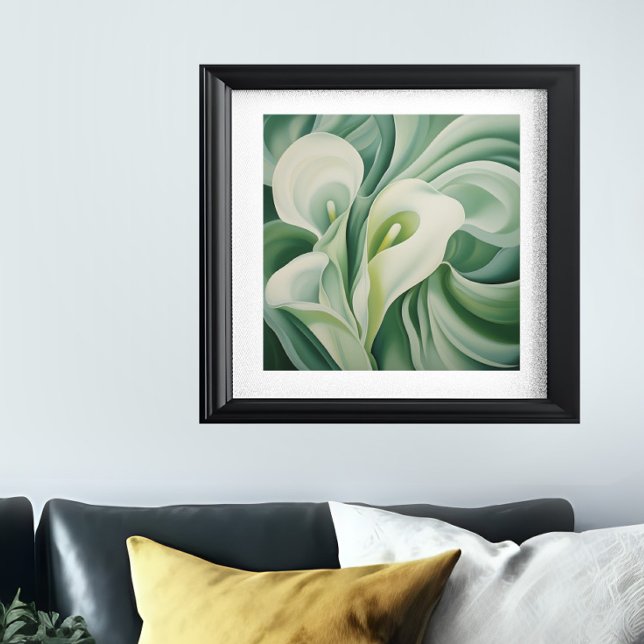 Póster Sage Green Floral Semi-Resumen (Sage green semi-abstract floral print is shown in a frame on a wall)