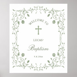 Póster Sage Green Foliage Frame Baptism Welcome