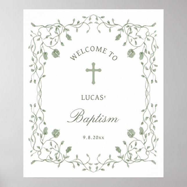 Póster Sage Green Foliage Frame Baptism Welcome (Frente)