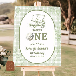 Póster Sage Green Gingham Golf 1st Birthday Welcome Sign