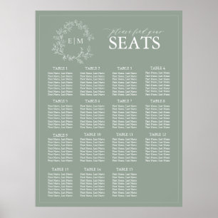 Póster Sage Green Leafy Escudo Monograma Boda de asiento 