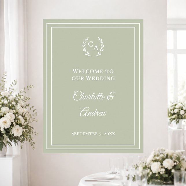 Póster Sage green monogrammed elegant wedding welcome (Subido por el creador)