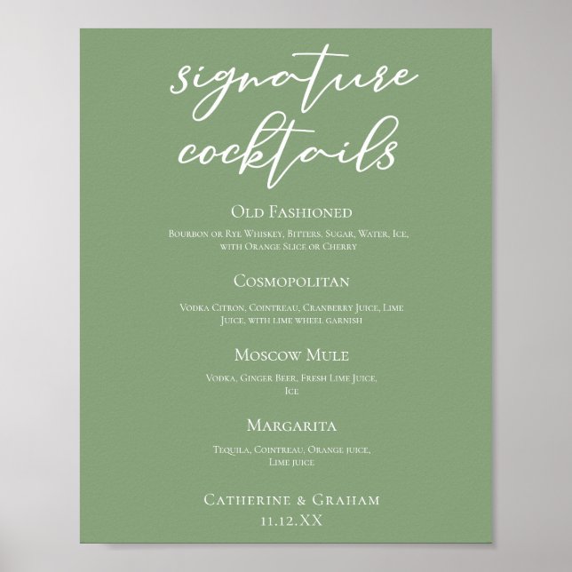 Póster Sage Green Spring Wedding Signature Cocktails Menú (Frente)