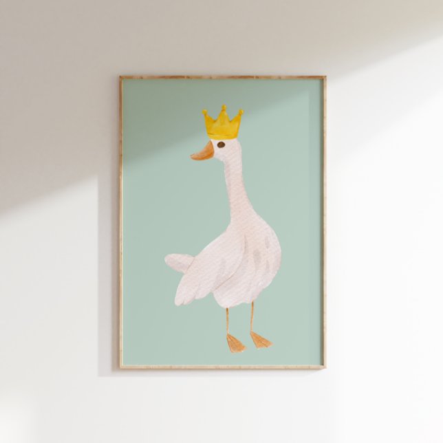 Póster Sage Green Watercolor Silly Goose Nursery (A  white goose wearing a golden crown on a sage green background.)