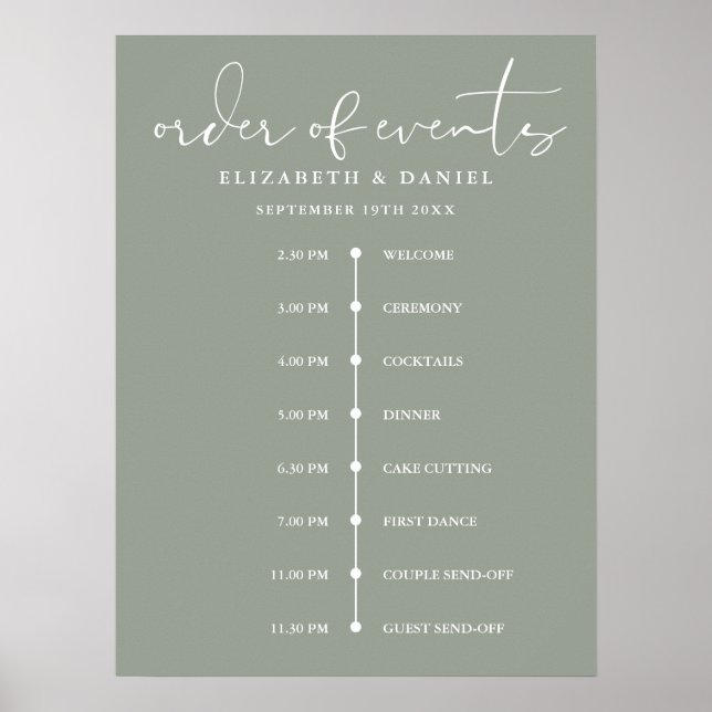 Póster Sage Green Wedding Order Of Events Timeline Sign (Frente)