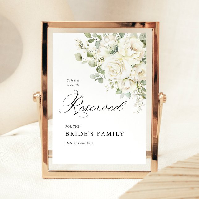 Póster Sage Green White Floral Reserved Seating Sign 5x7 (Sage green white floral wedding reserved sign, watercolor seating sign, elegant wedding stationery)