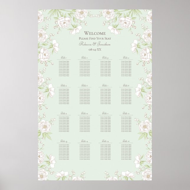 Póster Sage Green White Rose Wedding Seating Chart (Frente)