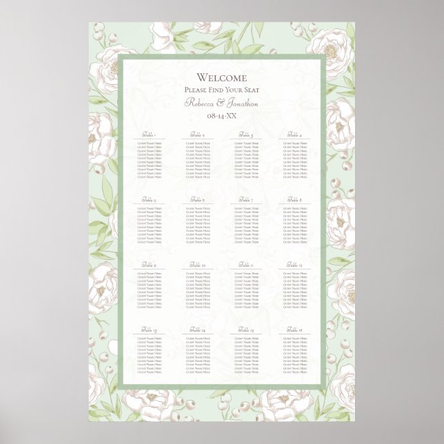 Póster Sage Green White Rose Wedding Seating Chart (Frente)