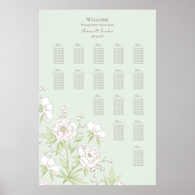 Póster Sage Green White Rose Wedding Seating Chart (Frente)